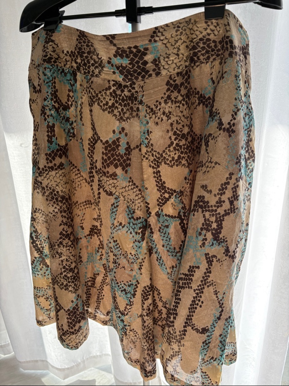 Coldwater Creek 1x Silk and Cotton Taupe & Teal Snake-Print Skirt